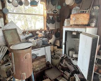 Antique GE Refrigerator, Kerosene Bucket, Cast Iron