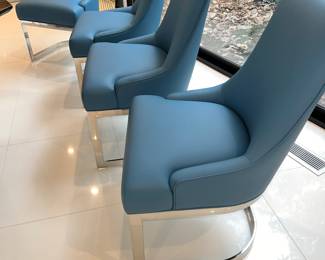 Detail of 4 blue on silver kitchen chairs (8 total available) $400 each