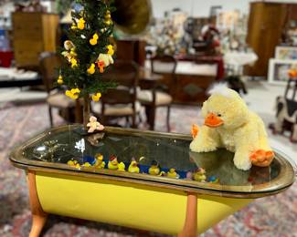 DUCK POWER Coffee Table Custom Made with Authentic Period Tub w/Legs …Full with different rubber duckies & Rubber Ducky Mini Tree Sold Separate ….Oregon Duck Fan ? 
Unique Conversation Piece