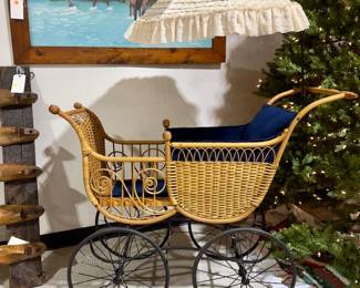 Antique Wicker Baby Carriage w/Umbrella