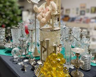 Lots Crystal Vases Etc / Mid Centry acrylic Grapes….Various Candlestcks +