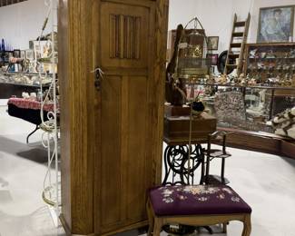 Small Oak Wardrobe Tall / Narrow , popular size  top condition …Birdcage on Stand…Needlepoint Stool…Etc 