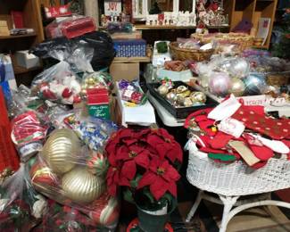 Christmas Decor and Wicker Plant Stand