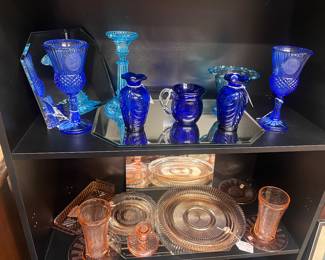 Depression glass, pink, and blue.