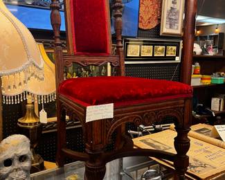 Set of four Antique red velvet oak chairs from the Signal Mountain Masonic lodge.