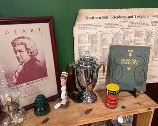 Southern Nell Tellephone and Telegraph Co., Nurse carved wooden glasses holder, vintage percolator, old toy Barrel of Monkeys 