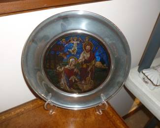 Religious stained glass/pewter plate