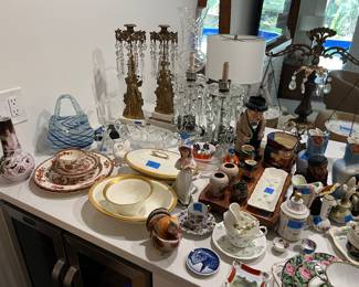 Victorian mantle candlesticks, misc porcelain