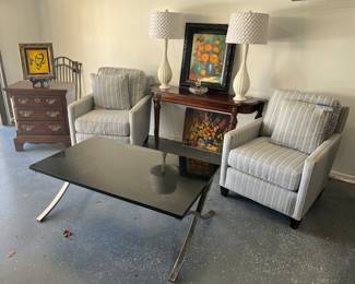 Pair of chairs, console table, coffee table, mahogany small chest, lamps, artwork 