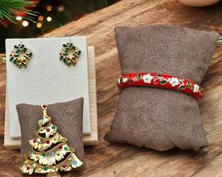 Red Cloisonne Bracelet Wreath Earrings  Christmas Tree Brooch