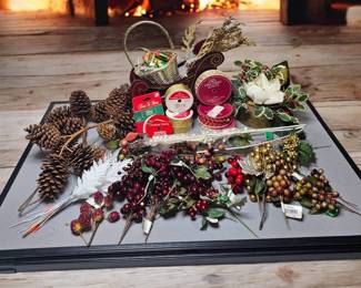 Christmas Crafts Sleigh  Holiday Silk Shop Berry Sprays  Pinecones Ribbon  Wired Cord  Brass