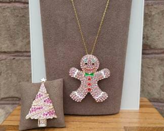 Pink Gingerbread Necklace Brooch Pink Christmas Tree 