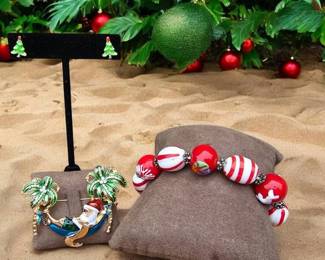 Tropical Santa On A Hammock Brooch Glass Bracelet  Christmas Tree Earrings