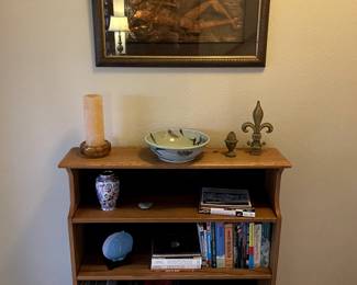 Framed copper art, oak bookshelf