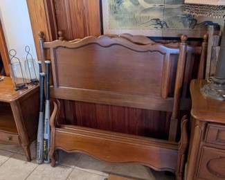 Wood single beds, bedside table, dresser with mirror