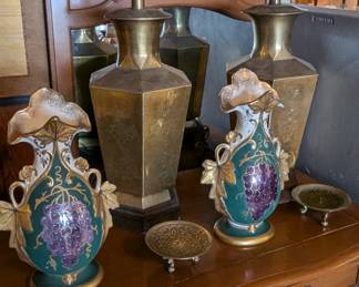 Brass lamps, pair of vases