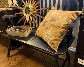 Wooden Bench, Elgin MCM Starburst Wall Clock, Throw Pillow, Metal Baskets