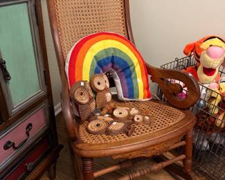 Cane Rocking Chair, Vintage 1981 Owls Wall Hanging by Foam Craft, Rainbow Rug, Rainbow Pillow
