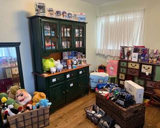 Looney Tune Stuffed Animals, Snow White Stuffed Animals, Care Bears Stuffed Animals, Piggy Banks, Funko Pop The Wizard of Oz Wicked Witch, Funko Pops, Dark Green Wooden  Hutch