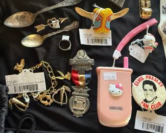 1956 Elvis Fan Club Pin, Longhorn Beaded Bolo Slide, Vintage Bugs Bunny Charm Bracelet