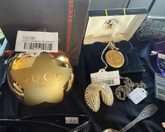 Gucci Parfum Ornament, Colibri Mickey & Co Pocket Watch, Things Remembered Fortune Cookie Trinket Box