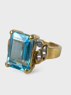 Fine 14K Gold Blue Topaz Diamond Cocktail Statement Ring Size 6.75 - 8.4 Grams
