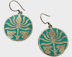 Fine Sterling Silver Turquoise Inlay Lotus Flower Pierced Drop Dangle Earrings
