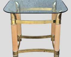 Vintage Italian Modern Faux Horn Tusk Glass, Wood, and Brass Side Table with Fluted Legs Hollywood Regency Style
