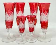 Six Ruby Red crystal cut to Clear Aperitifs made in Italy,
