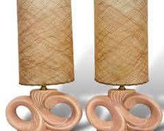 Pair Vintage 1950s-60s Abstract Art Deco Mid Century Modern MCM Pink Rose Art Pottery Table Lamps with original shades

