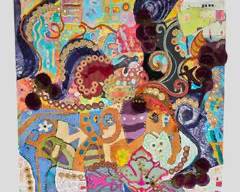 Very Mixed Media Handstitched TExtile Paper Painted Collage on Canvas Abstract Modern
