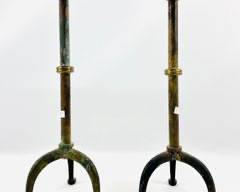 Pair Vintage Aged Metal Bronze Patina Candle Stands With Tripod Bases.
