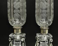 Pair Antique Floral Etched Luster Lamps Drop Dangle Crystals Candlestick Holders With Hurricane Shade
