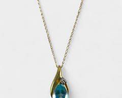 1.7 Grams Fine 14K Gold Blue Topaz & Diamond Teardrop Pendant 20 Inch Necklace
