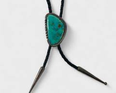 Fine IHMSS Native American Sterling Silver Turquoise Leather Braided Bolo Tie
