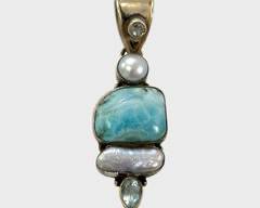 Fine Sterling Silver Larimar, Baroque Pearl, Blue Topaz Statement Pendant
