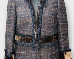 Tory Burch Black And Tan Fringed Tweed Jacket With Velvet Trim Size 12
