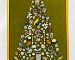 Tall 29" High VTG Costume Jewelry Art Figural Christmas Tree Mounted on fabric Framed.
