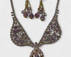 Vintage Signed Sandor Purple Crystal Rhinestone Art Deco Style Clip On Drop Dangle Statement Earrings & 16 Inch Necklace
