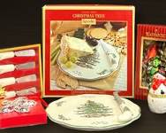 Fine WATERFORD and SPODE Christmas Holiday Ornaments With Original Box, Platter With Knife In Original Box, Snowman Ornament, and Butter Knives
