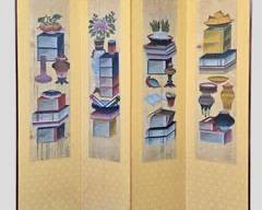 Fantastic Antique Asian Painting On Paper Mounted On Silk 4 Panel Room Divider Screen
