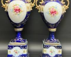 Pair Fine Fancy Antique Porcelain Old Paris style Cobalt Blue Floral Urn Vases With Handles
