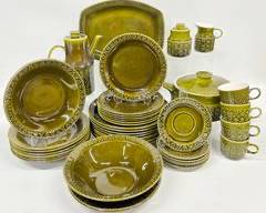 Vintage Celtic Ceramics Ireland MCM Mid Century Modern Set of Dinner Plates Bowls Pitcher pot Cups Saucers creamer and sugar bowl Olive Green Glazed
