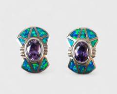 6 Grams Fine Sterling Silver Fire Opal, Purple Amethyst Pierced Statement Earrings
