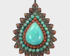 Fine Sterling Silver Tribal Turquoise & Coral Pendant
