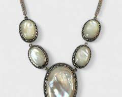 Fine Sterling Silver Mother Of Pearl Marcasite 20 Inch Statement Necklace - 54 Grams
