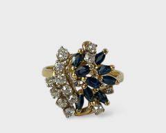 Fine 14K Gold Diamond & Blue Sapphire Cocktail Ring Size 7.5 - 4.2 Grams

