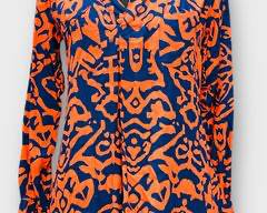 Escapada Blouse.Orange And Blue Ikat Print. Lightweight And Flowy, With A Stylish Collared Neckline.Size XS.

