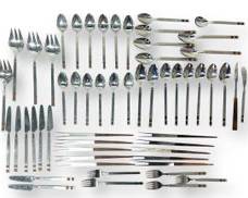 Fantastic Mid Century Modern MCM Modernist Stainless Steel Inlaid Wood Japanese Flatware Forks, Spoons, Knives, and Serving Utensils
