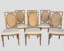 6 Fantastic Vintage Faux Bamboo and Cane Wood Hollywood Regency Dining Chairs
